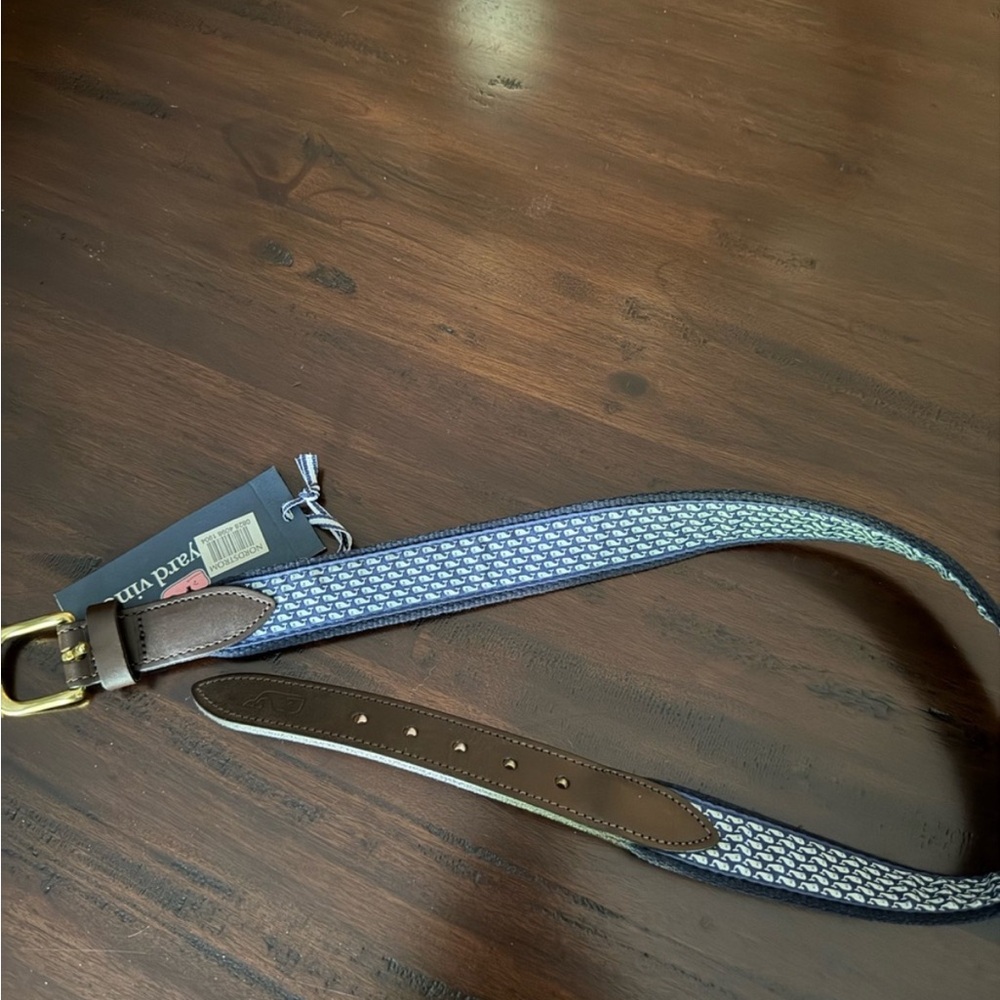 Vineyard Vines Blue and White Kids Belt with Brown Leather Trim